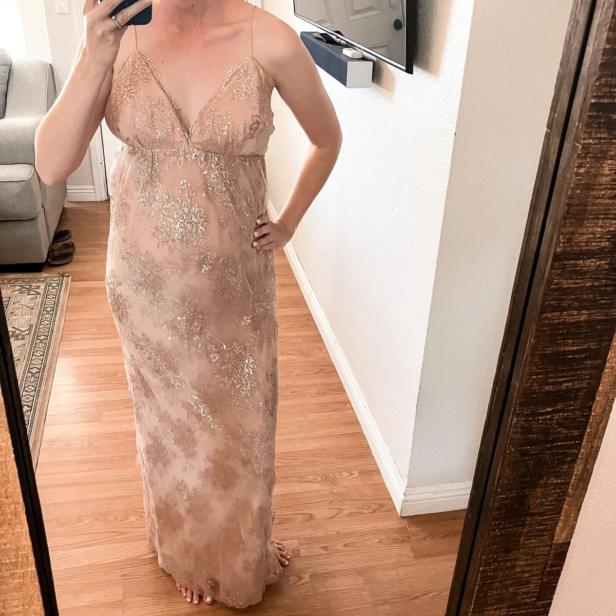 Marchesa Notte Rose Gold Pink Lace Tulle Glitter Deep Plunge Maxi Gown Dress 2 4