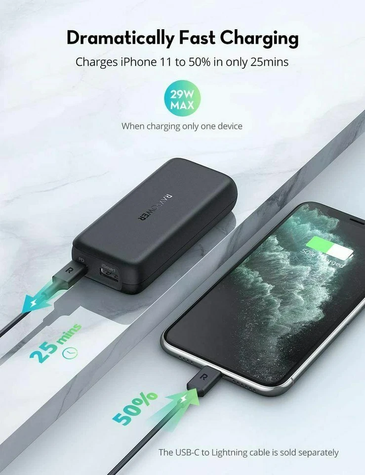 Banco de alimentación RavPower 10000 mAh PD 20 W USB C cargador portátil para iPhone12 carga de control de calidad Foto 4 de 4