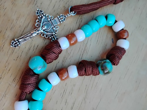 St Kateri Tekakwitha Rosary Beads Paracord Turquoise medal Native American - Picture 6 of 10