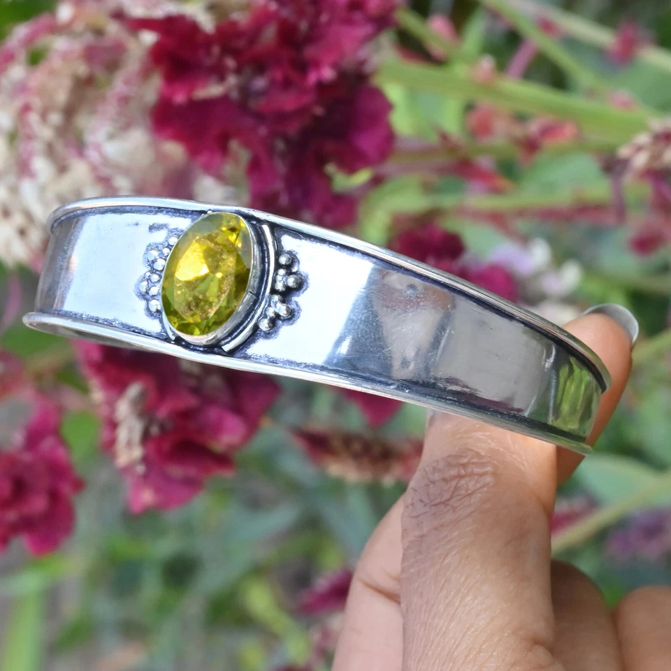 Faceted Peridot Gemstone Bangle 925 Sterling Silver Bracelet For Casual Occasion - Image 2 of 4