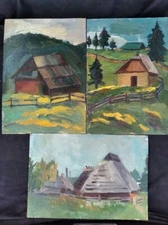 Set of 3 oil painting art vintage, village huts, rural life, USSR, 1980s