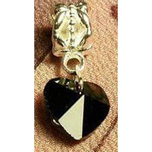 Black Heart Slide Charm Pendant Silvertone Faceted Glass Valentine Love Gift