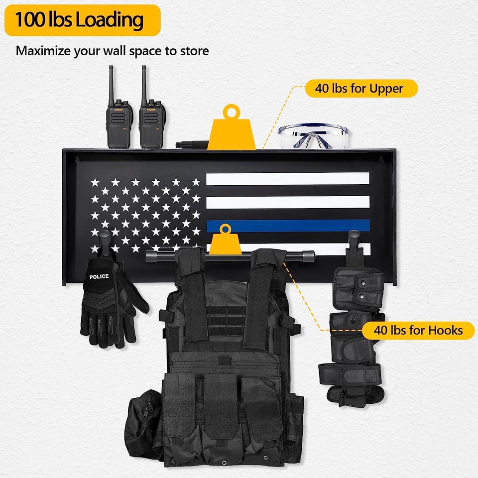 Wall Mounted Police Gear Rack, Tactical Duty Gear Rack with Police Flag