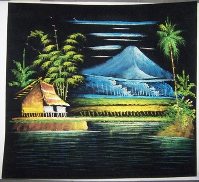 Haus am See GEMÄLDE Schwarz Berg Asien Bild Malerei Palmen Samt BALI Handgemalt