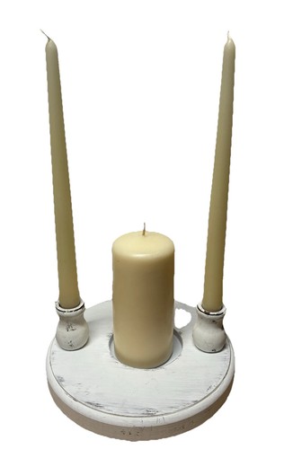 Wedding Unity Candle Holder White Distressed Wooden 3 Candle 12” Round