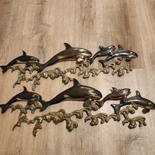 Vtg Set Large MCM Brass Killer Whale Orca Ocean Waves Hanging Wall Sculpture 27"
