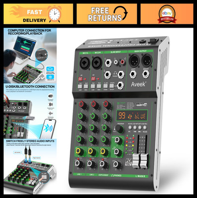 Professional Audio Mixer Console - 4 Channel USB/Bluetooth DJ Mixer, 48V Phantom