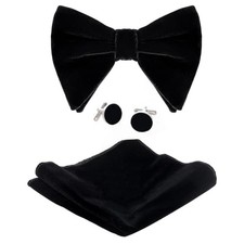 Velvet Bow Tie Pocket Square Cufflinks Set for Men, Solid Pre-tied Black