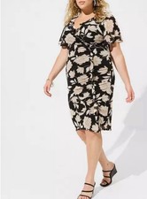 Torrid 1 Black Floral At The Knee Mesh Surplice Ruffle Slit Midi Dress 1x