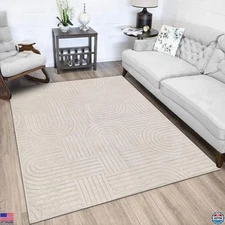 Soft Cozy Fluffy Geometric High-Low Area Rug 4'x5'3" Non-Slip Washable Beige