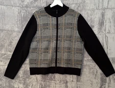 Pendelton Sweater Womens Size L Black Checked 100% Merino Wool Full Zip Classy