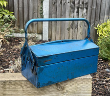 Vintage Halfords Blue Metal Cantilever Tool Box Lockable Toolbox Spanner Hammer