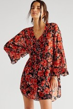 Free People shirt Mini Dress S Nisha boho in brown flared sleeves