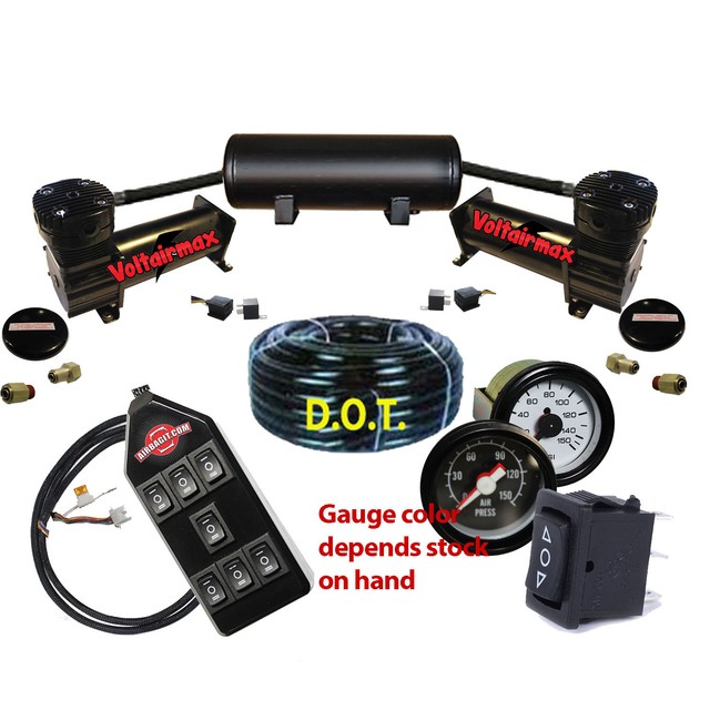 V Air Ride Suspension Compressors 480 Black 5 Gal Tank, all items shown