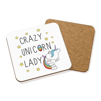 CRAZY UNICORN LADY DRINKS COASTER MAT SQUARE - Rainbow Animal Magical Poop