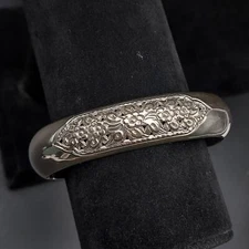 Sterling Silver Floral Cuff Bracelet Signed DS 925 Flower Design Repousse 