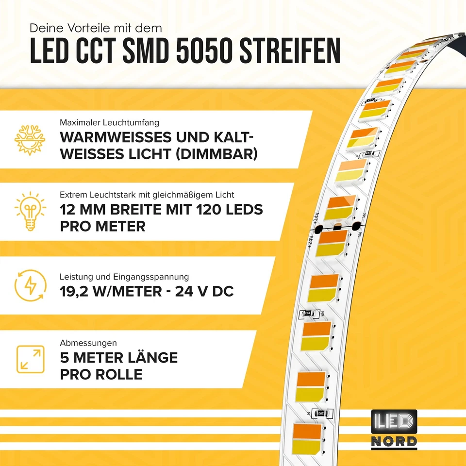 LED Stripe Streifen Leiste Band Lichterkette 5m Lichtstreifen 24v dimmbar CCT - Bild 2 von 4