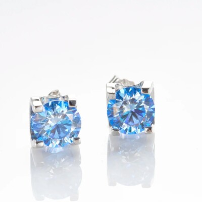 2ct Solitaire Round Blue Moissanite 925 Sterling Silver Stud Earrings 6.5mm