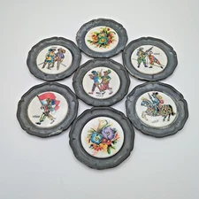 Vintage Mini 4" Pewter Metal Wall Plates, Flower and Patriotic Themes, Set of 7