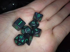 10mm Mini Polyhedral 7 Dice Set - Black with Green Ink RPG CCG Tokens Tabletop