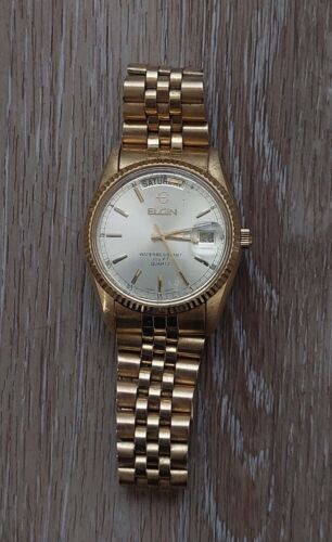 Reloj vintage para hombre Elgin FC 400 012 6M55 cuarzo tono dorado con banda flexible funciona - Imagen 1 de 4