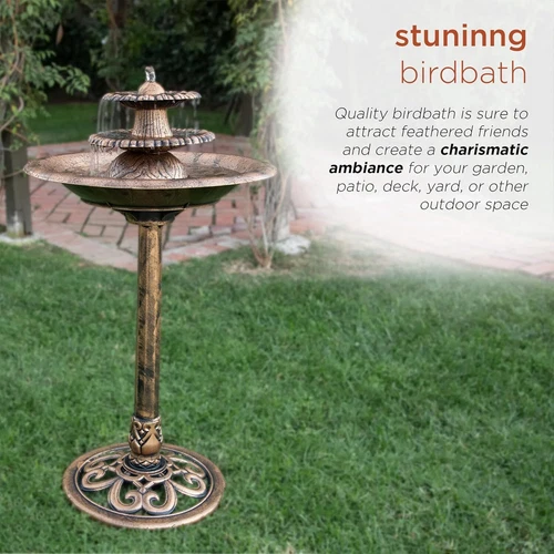 35” Tall 3-Tier Pedestal Water Fountain with Birdbath Outdoor Garden Yard Bronze