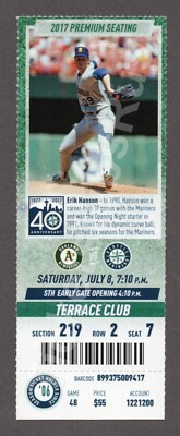 2017 Seattle Mariners vs Oakland Athletics 7/8 MINT CLUB Ticket ERIK HANSON