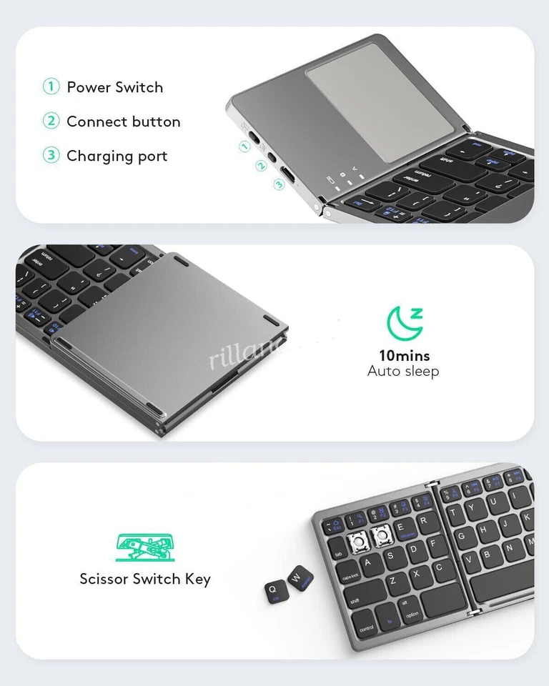 Mini Folding Wireless Bluetooth Keyboard With Touchpad for Laptop Tablet Phone - Image 3 of 4