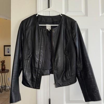 Halogen womens M black leather Classic  jacket full zip soft
