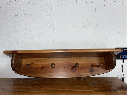 Vintage Handmade Solid Wood Wall Shelf With 4 Large Pegs Country Farmhouse