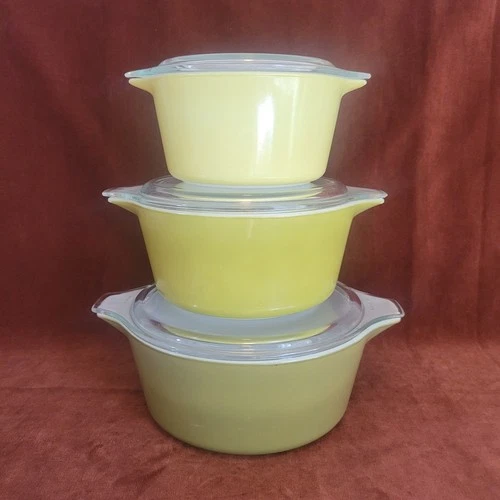 Vintage Pyrex Verde 3pc Casserole Set W Lids #473,474,475