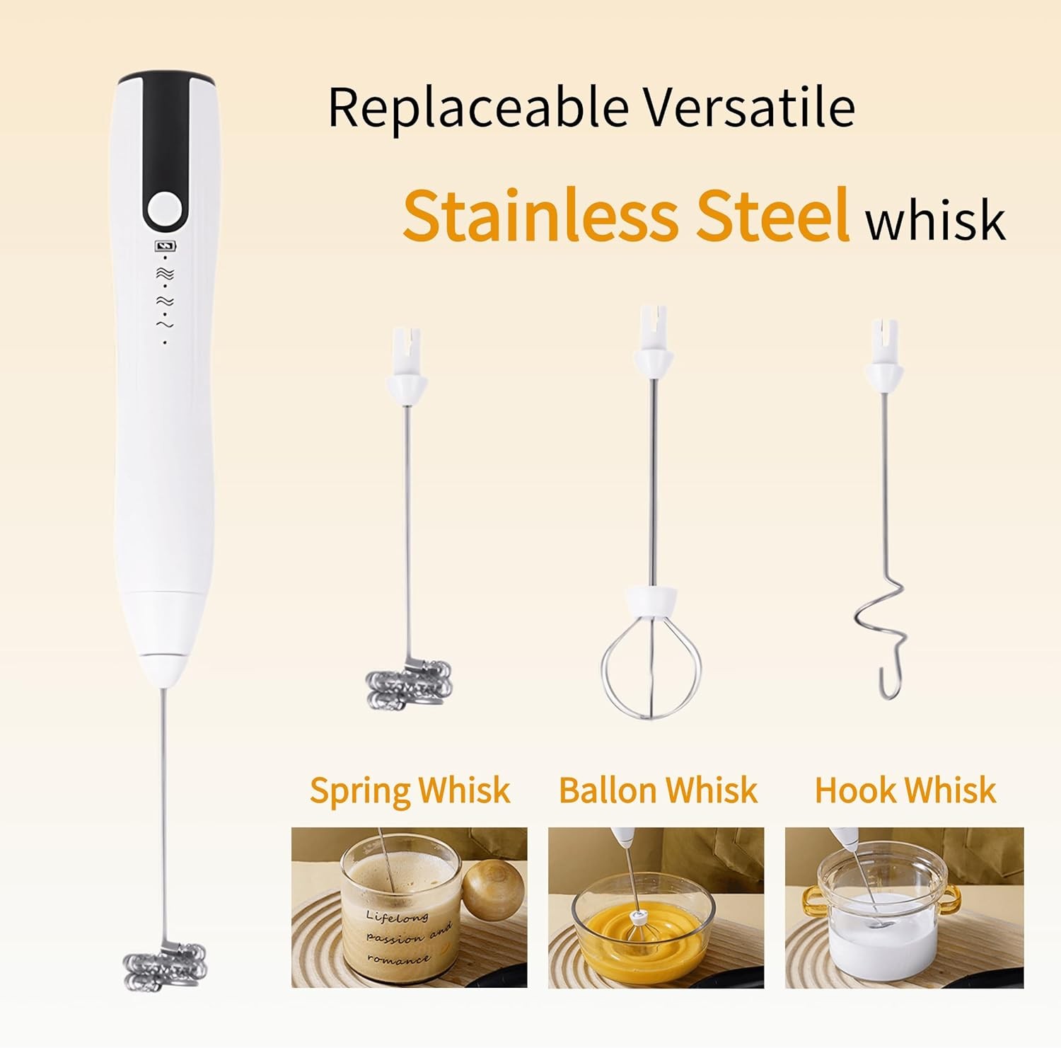 Rechargeable Milk Frother Handheld,Kitchen Essentials Hand Mixer with 3 Stainles