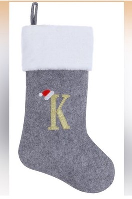 Gray Christmas Stocking with Gold Initial  K  Super Soft Plush