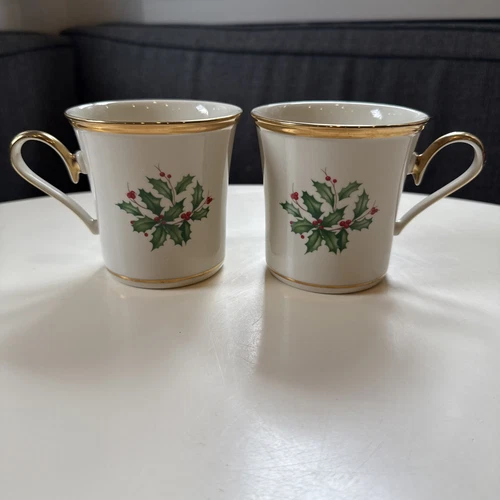 Pair of Lenox Holiday Dimension Coffee Cups Mugs Holly Berry Gold Trim