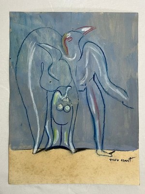 MAX ERNST drawing and painting on old paper signed stamped vintage