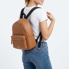 Image of Coach Mini Charlie Womens Backpack Saddle Brown Pebbled Leather Padded Strap Bag
