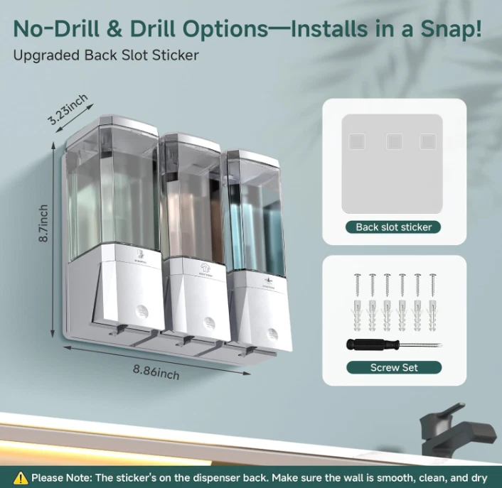 Dispensador 3 cámaras sin taladro 500 ml para champú, gel y acondicionador,Nuevo Foto 2 de 4