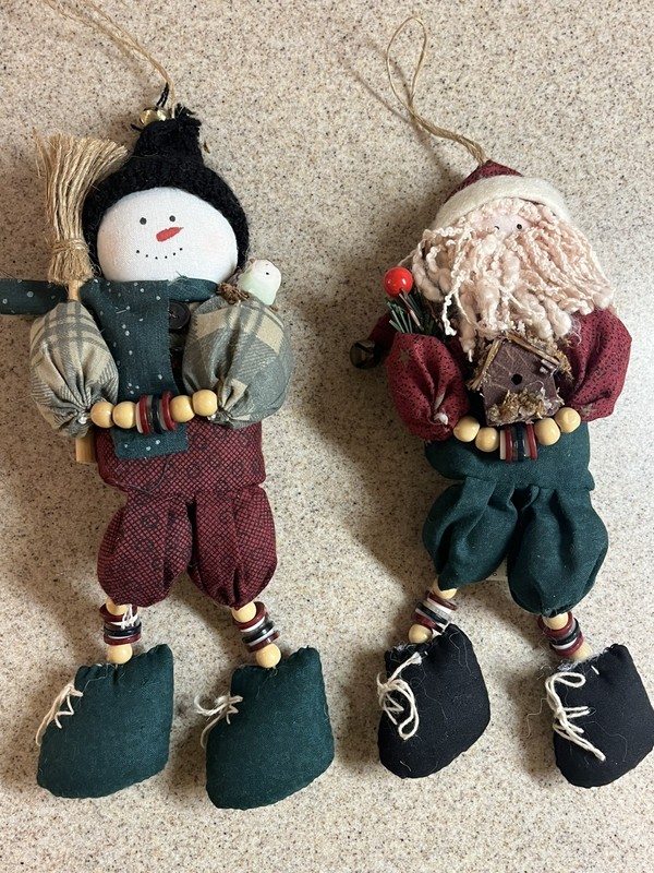Lot Of 2 Vintage Christmas Shelf Sitters or Ornaments Fabric Snowman Santa 1999