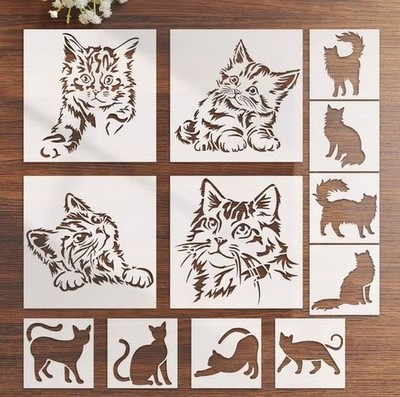 12 Stück Katze Malschablone Set Wiederverwendbar PET Kunststoff Basteln Vorlagen