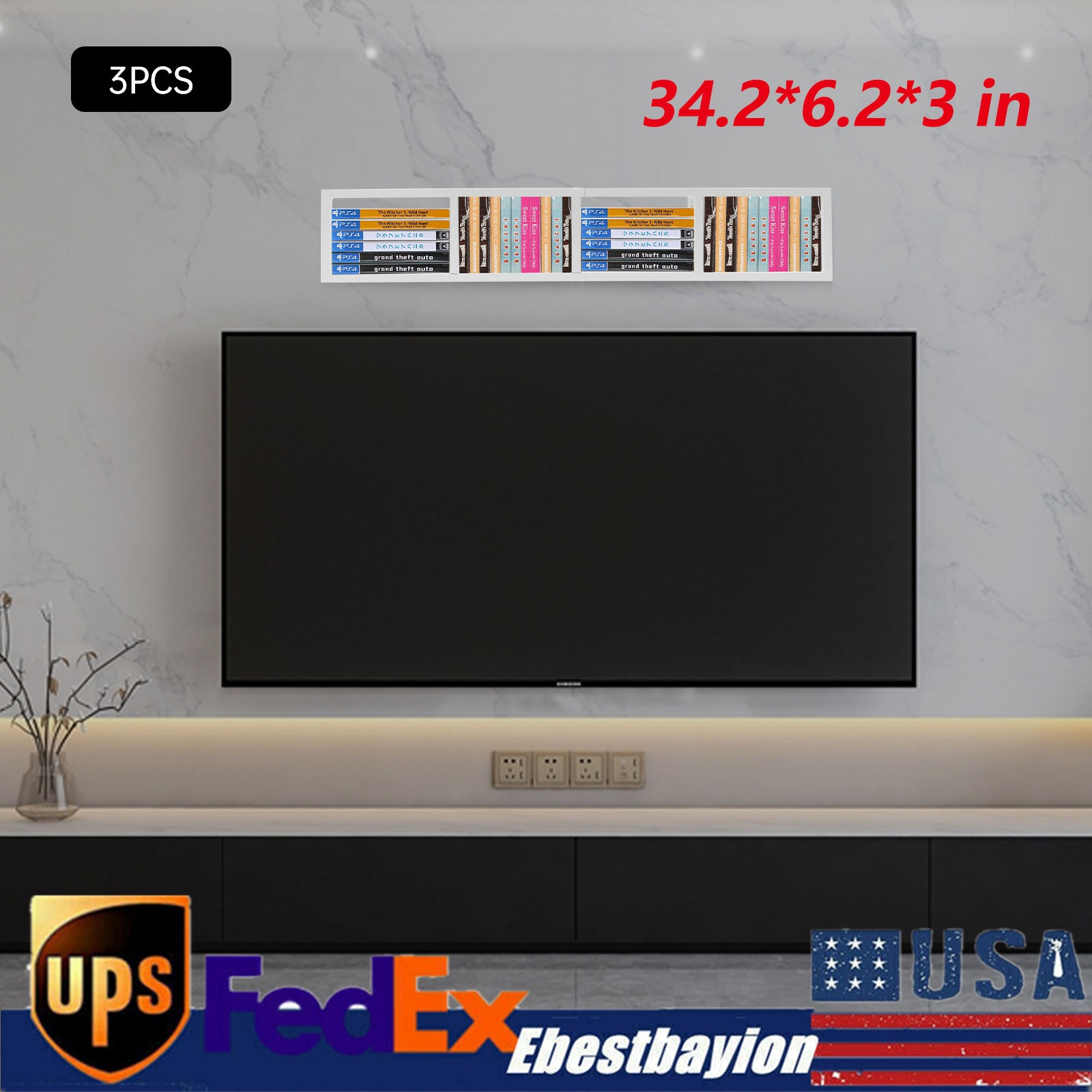 34-Inch Wall-Mounted Metal Media Rack for CDs DVDs Records - 3 Pack