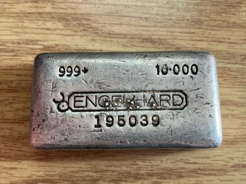 Vintage Engelhard 10 Ounce Hand Poured Silver Bar, Rare Bull Logo Serial #195039