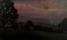 Tableau peinture ancienne paysage coucher de soleil signé Lavauden 