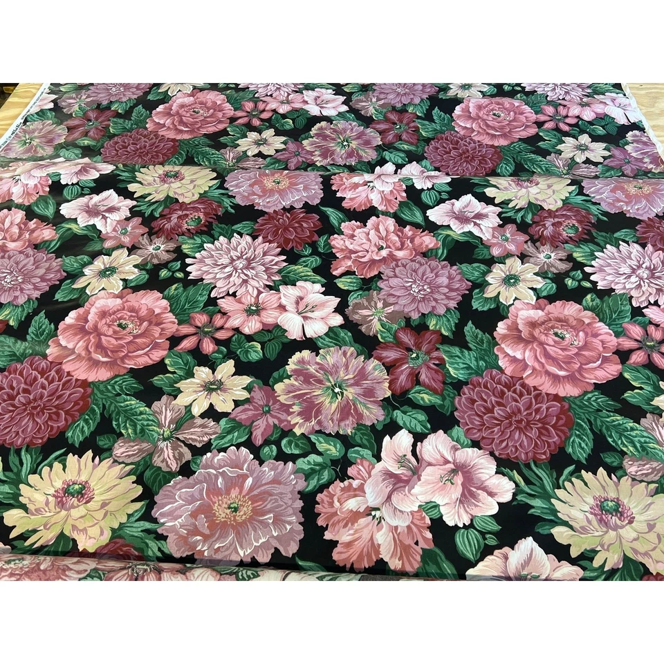 Vtg Mill Creek Upholstery Drapery Fabric Black Pink Floral Chintz By The Yard - Image 2 of 4