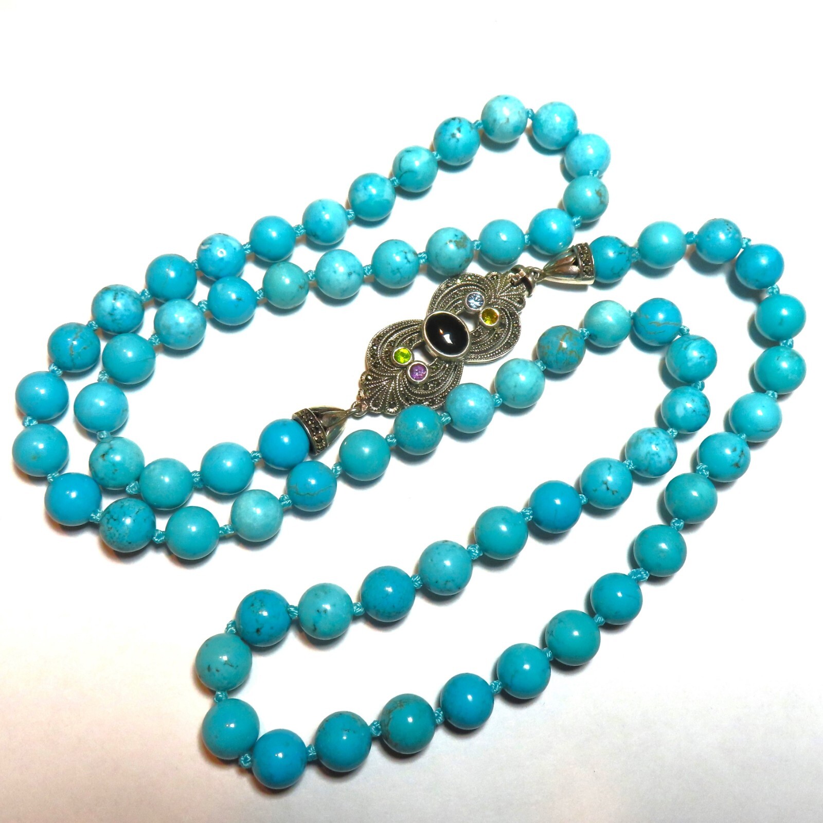 Turquoise Beaded 36" Necklace Sterling Onyx Ameth… - image 1