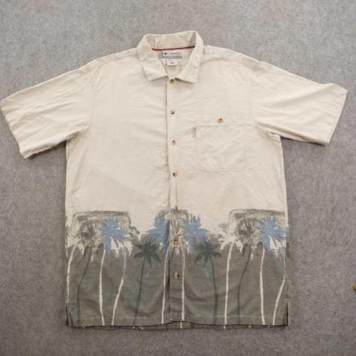 Columbia Shirt Mens 2XL XXL Beige Button Short Sleeve Floral Palm Print Hiking