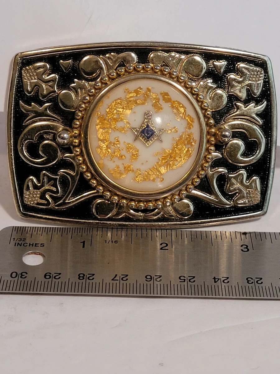 Vintage Masonic Compass Square Gold Leaf Cabachon Center Belt