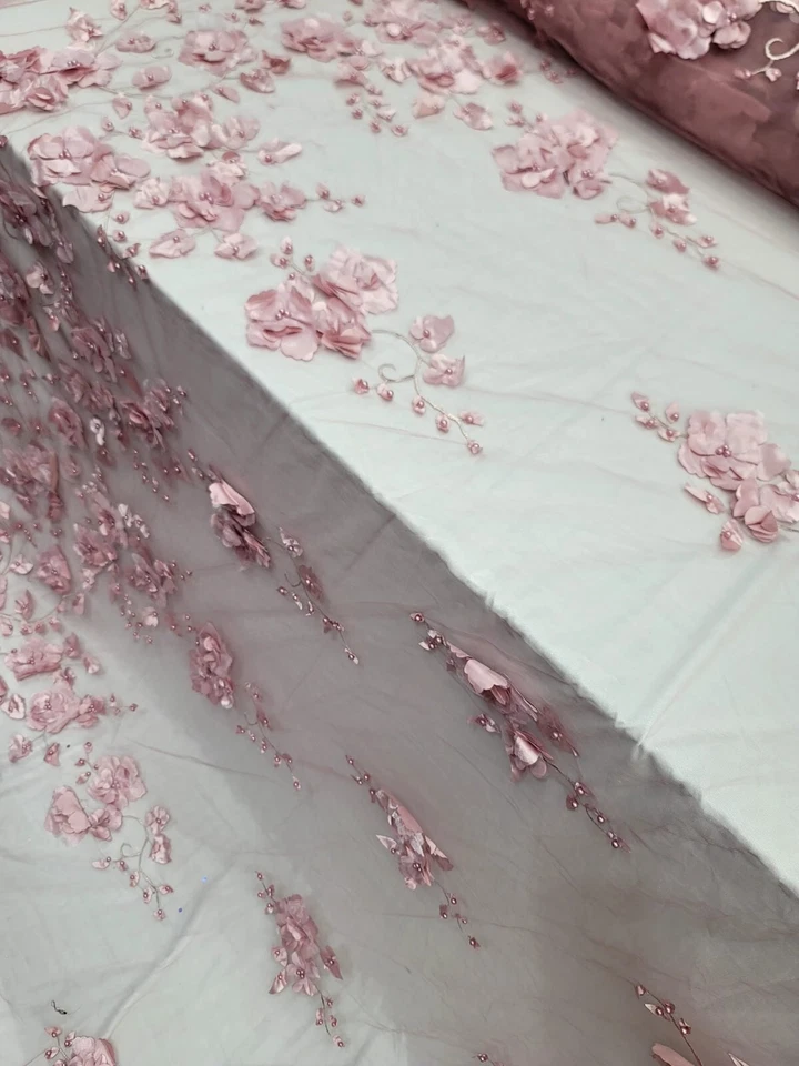 Fabric Sold By The Yard 3d Floral Lace Dusty Rose Embroidery PEARLS Bridal Quinc - Image 3 of 4