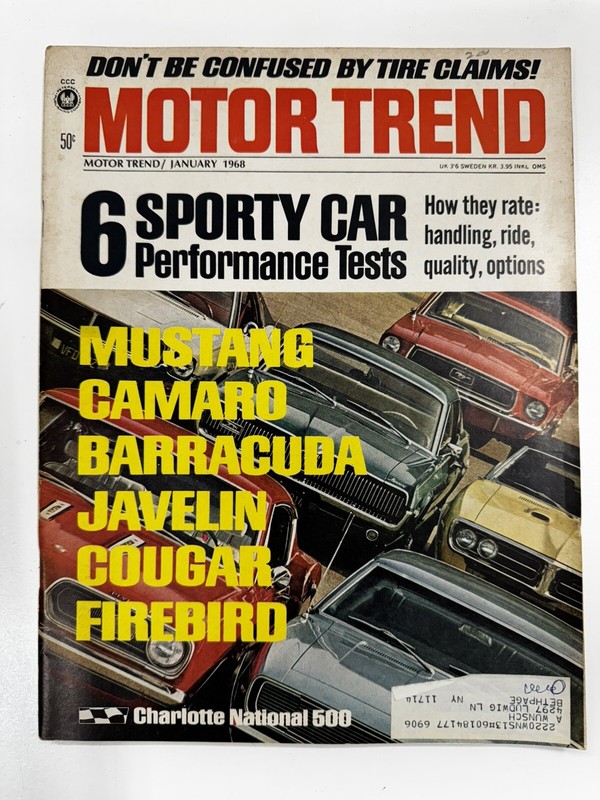 Motor Trend January 1968 -6 Sporty Performance Tests Mustang Camaro Barracuda