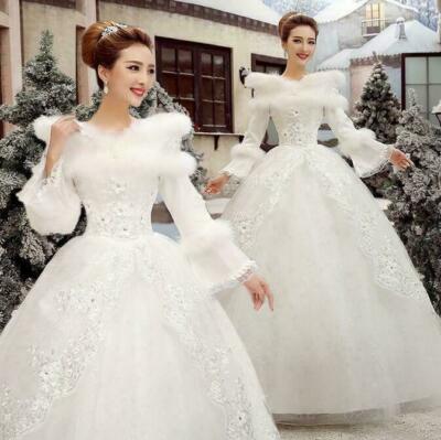 Bride Winter Fur Long Sleeve Weeding Dress Women's Prom Ball Gown Clothing  @DI09