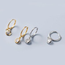 925 Sterling Silver Bezel CZ Huggie Hoop Dangle Drop Earrings A1211